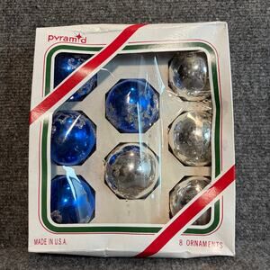 Vintage Pyramid Glass Christmas Ornaments Blue Silver 8 Pack Box Stencil Glitter